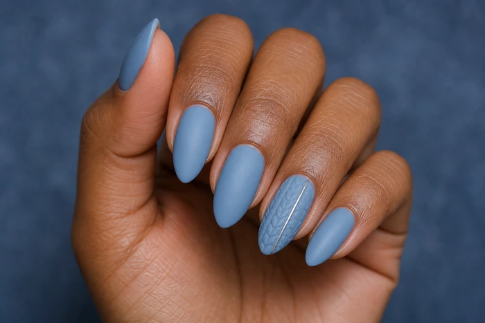 Dusty blue sweater nails with silver knit texture on a Black womans hand