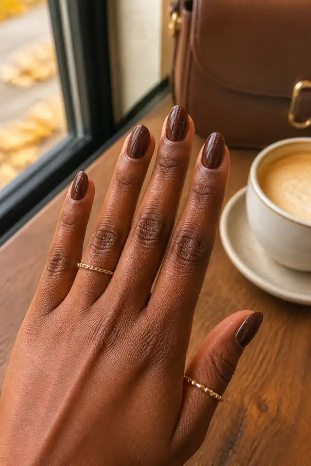 Chocolate brown almond fall nails on a woman’s hand holding a coffee cup.