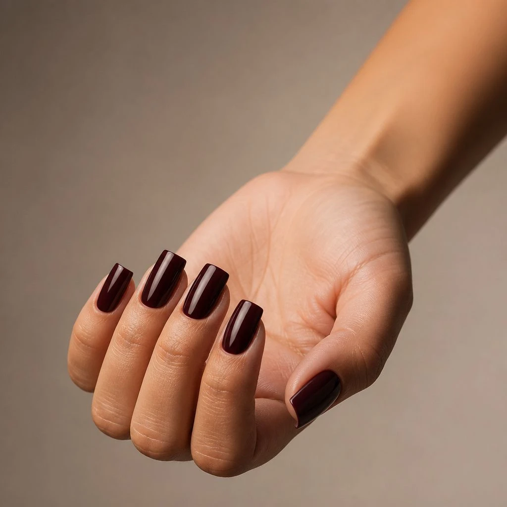 Glossy burgundy square acrylic nails for fall