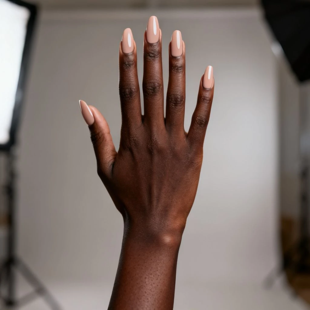 Classic elegant nude almond nails on a Black woman's hand against a plain neutral studio background.