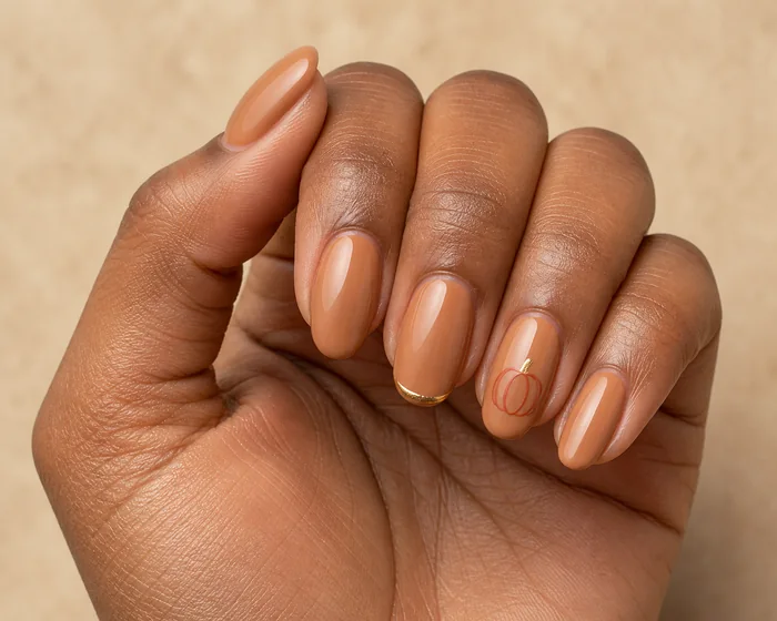 Cute caramel Thanksgiving nails with a tiny pumpkin accent