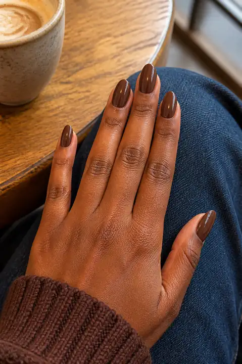 Deep espresso brown almond nails on a Black woman at a cafe