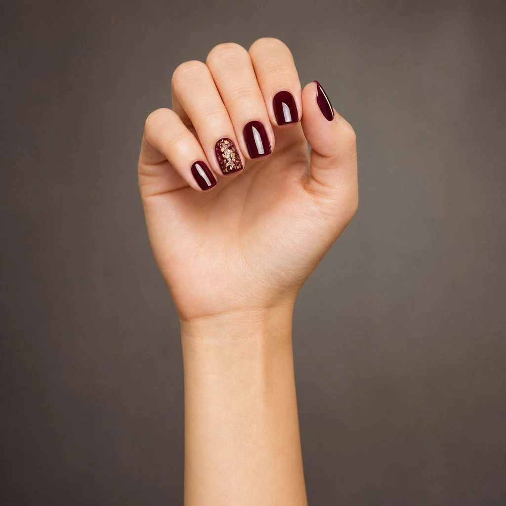 Glossy burgundy acrylic nails with gold foil accent