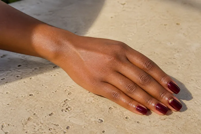 Rich burgundy dip powder nails with a gold fleck accent