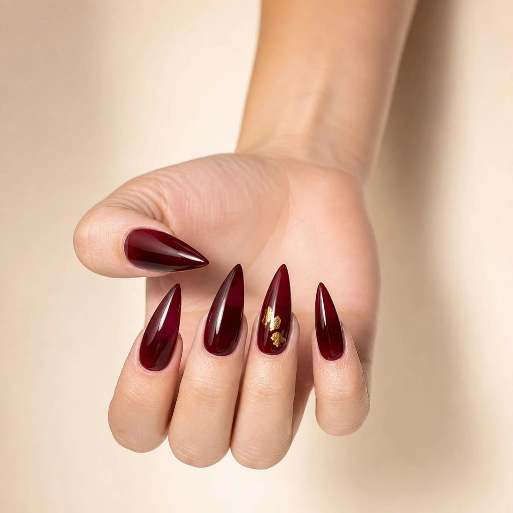 Burgundy and gold foil fall stiletto nails