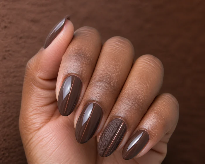 Cocoa almond fall sweater nails with cable knit accent and copper line
