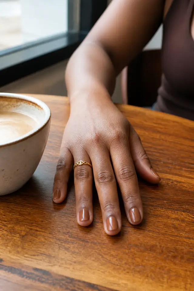 Short natural caramel fall nails on a woman’s hand beside a coffee cup.