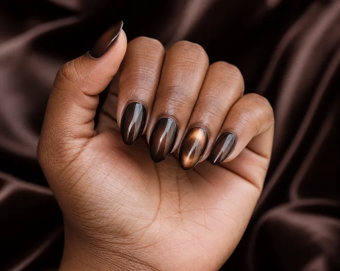 Espresso aura medium almond nails with bronze halo