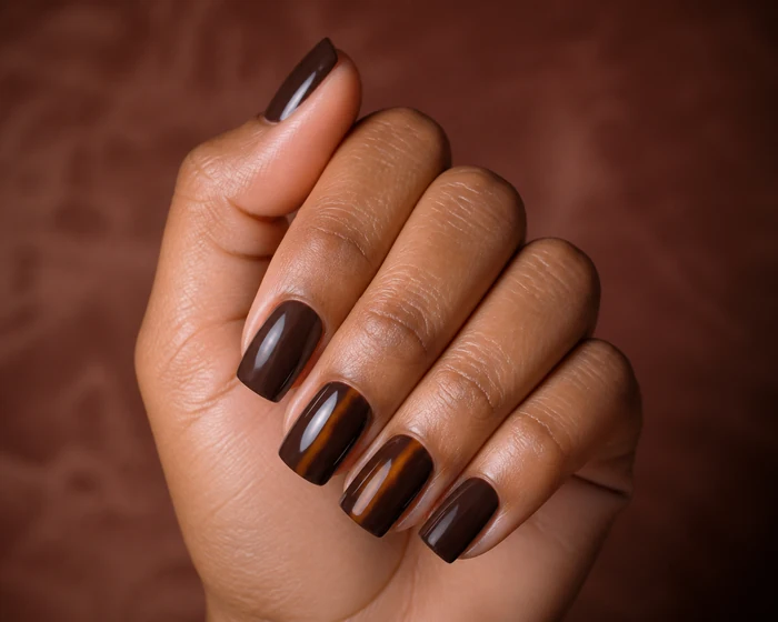 Medium square cocoa November nails with a subtle amber aura line
