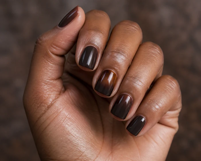 Short square espresso November nails with subtle amber aura