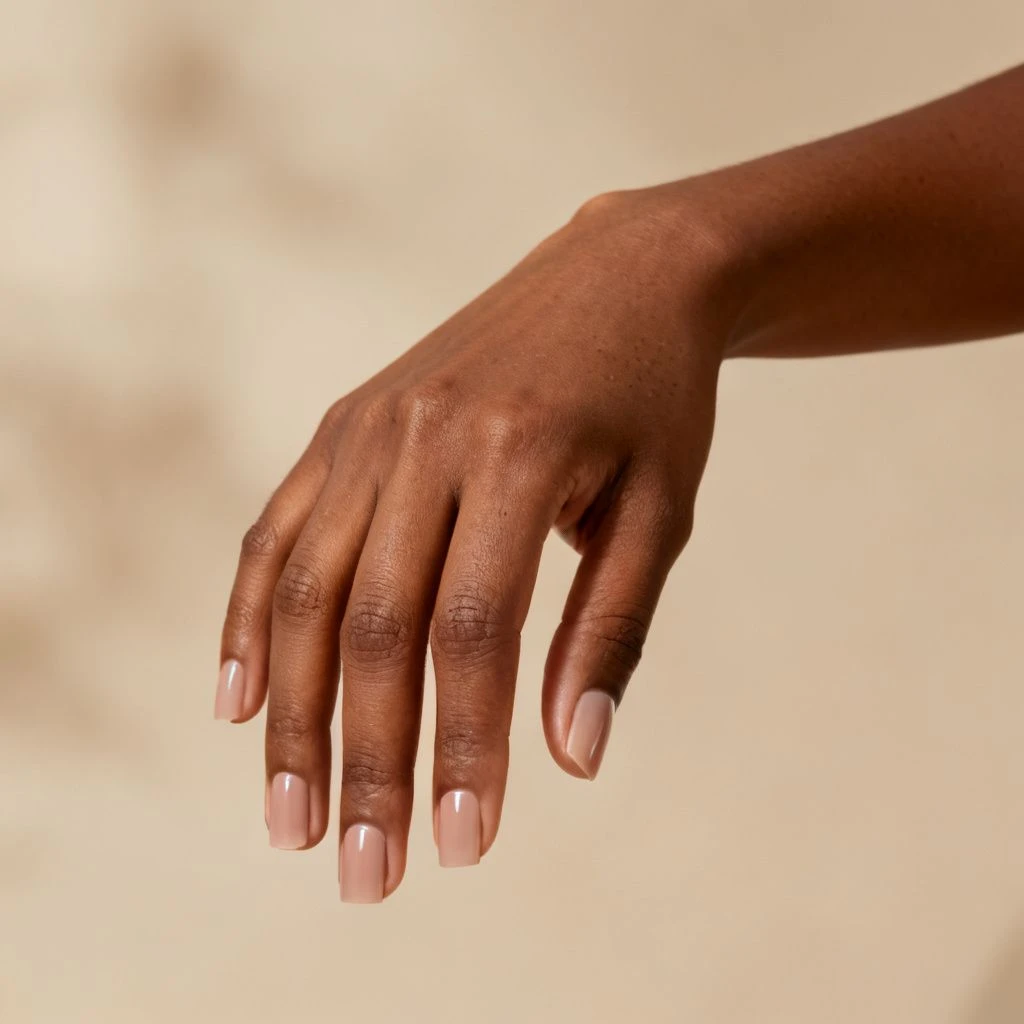Short Square Nude short autumn nail design on a woman’s hand.