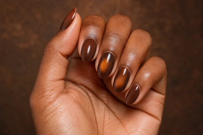 Simple cocoa almond November nails with an amber aura halo