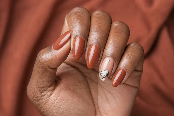 Terracotta Thanksgiving nails with Snoopy accent and gold dot