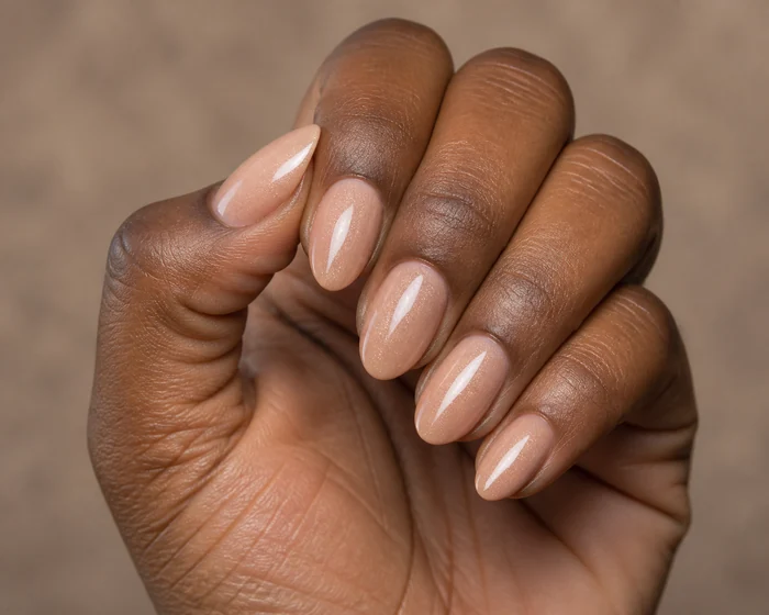 Barely-there champagne shimmer soft fall nails