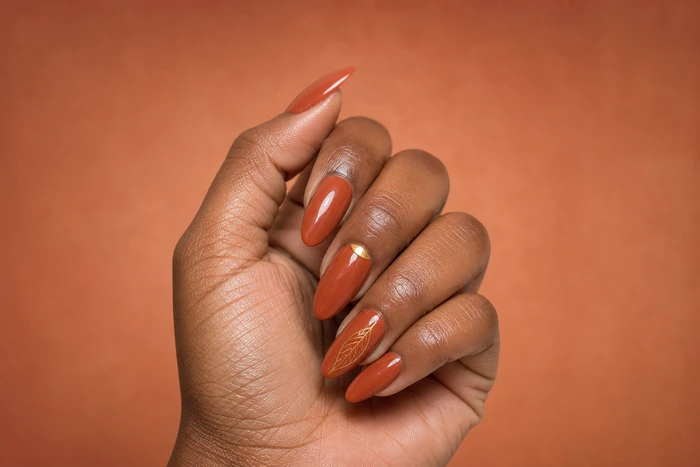 Terracotta almond acrylic Thanksgiving nails with a gold leaf accent