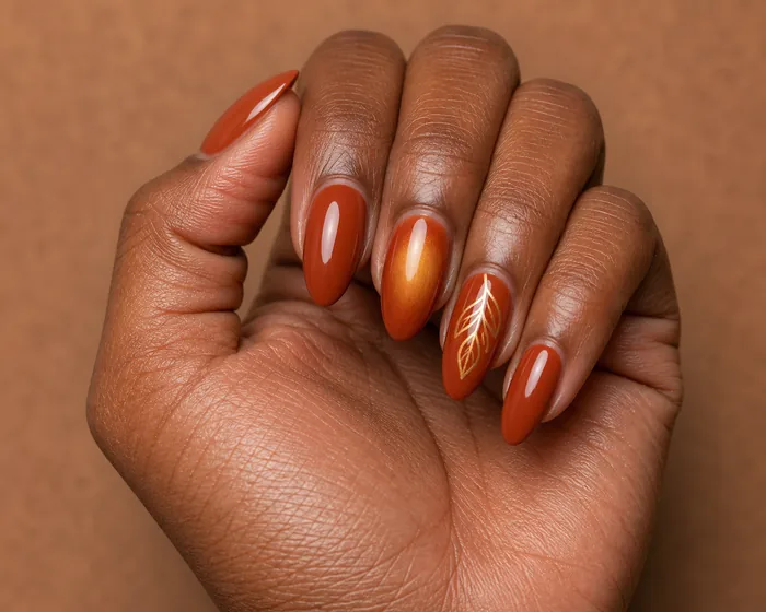 Terracotta almond Thanksgiving nails with gold leaf accent