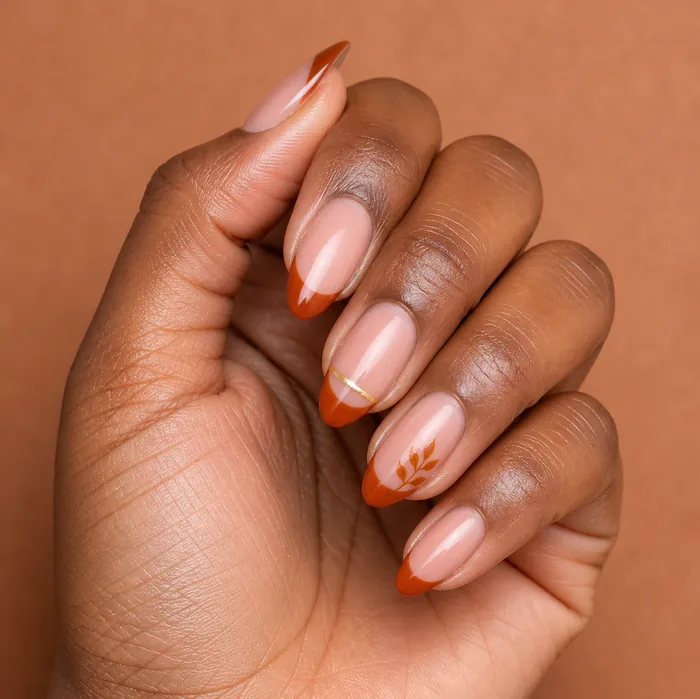 Terracotta French Thanksgiving nails with a gold leaf accent