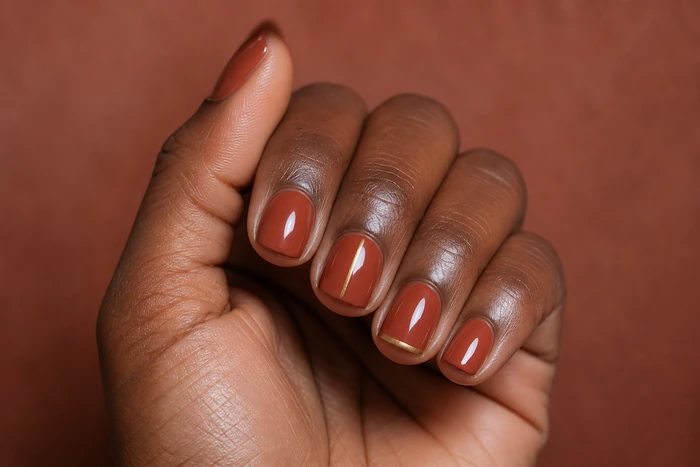 Short terracotta Thanksgiving nails with a gold accent
