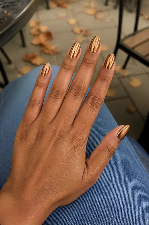 Woman with long bronze chrome nails, hand resting on denim at an autumn cafe