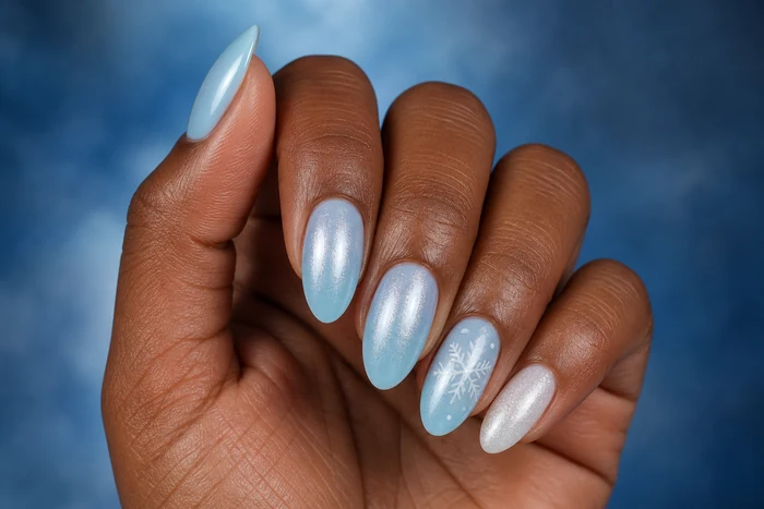 Icy blue aura winter nails with silver pearl details on a Black womans hand