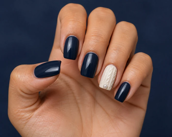Navy blue sweater nails with a cream cable accent on a Latina womans hand