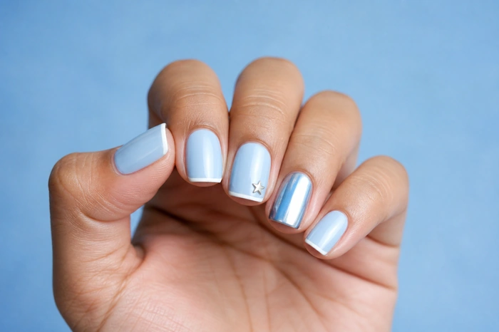 Powder blue chrome winter nails
