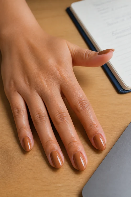 Caramel brown oval nails on an office desk