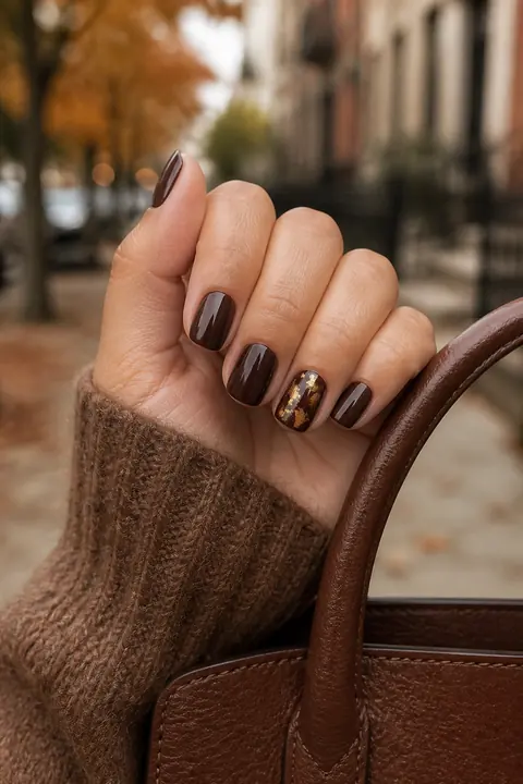 Chocolate brown nails with gold foil accent holding a brown handbag