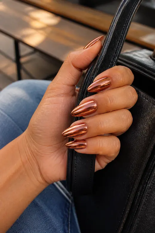 Fall chrome nails - copper chrome almond