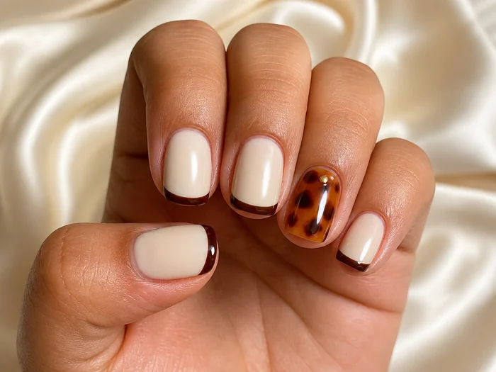 Cream and caramel square nails with cocoa French and tortoiseshell accent