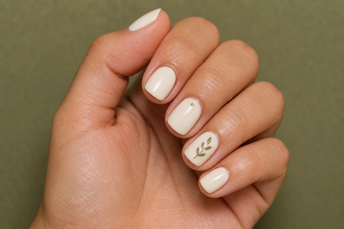 Cute cream Thanksgiving nails with olive leaf nail art