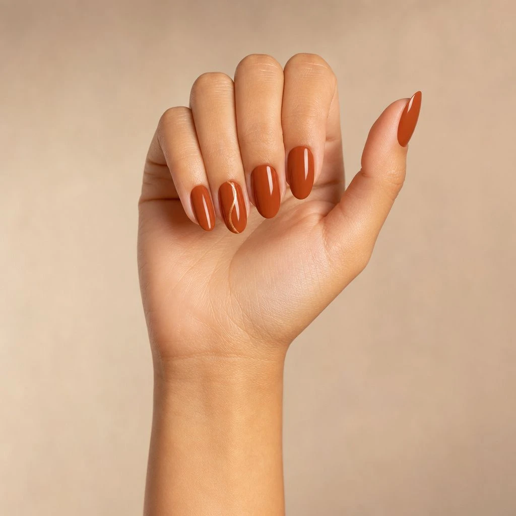 Burnt rust almond acrylic nails with a fine copper line