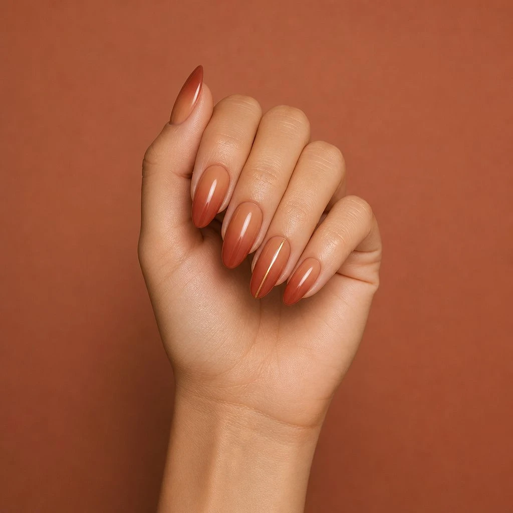 Long caramel and rust ombré almond fall nails with a fine gold stripe