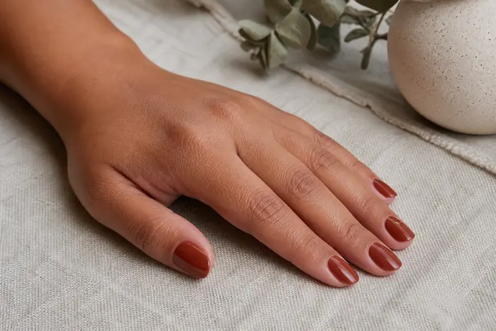 Short burnt-rust press-on nails on an oatmeal linen runner