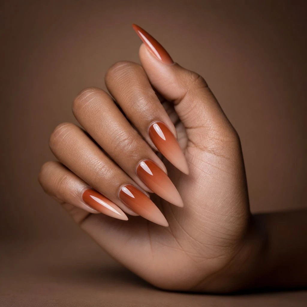 Rust ombre fall stiletto nails, DSLR macro photo