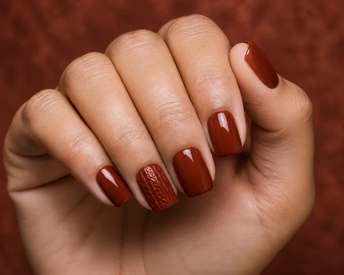 Rust square fall sweater nails with delicate knit texture accents