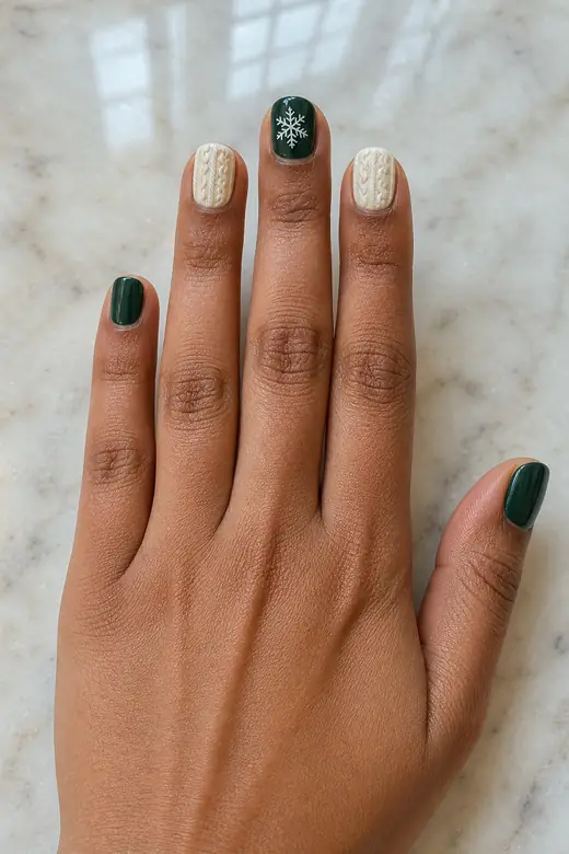 Green and ivory Christmas sweater nails with a white snowflake accent