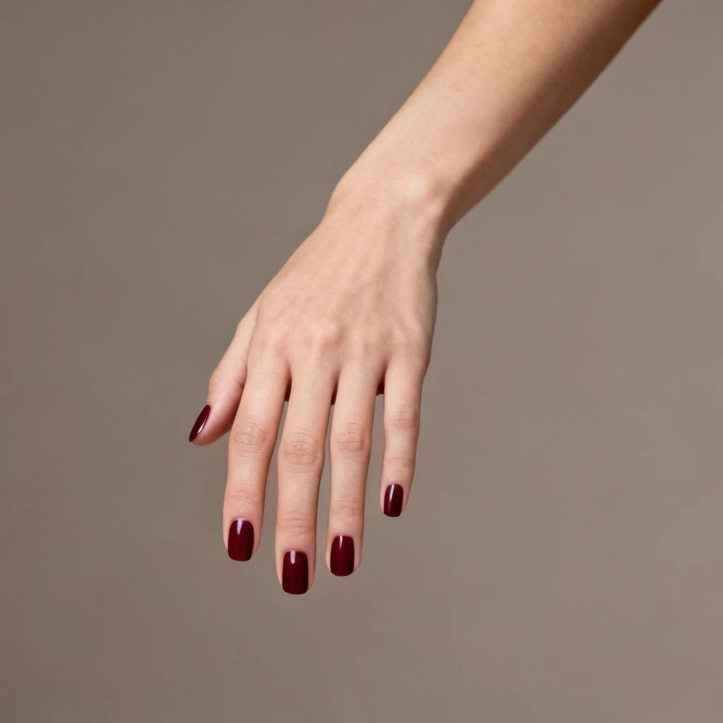 Short natural burgundy fall nails on a woman’s hand near a car window.