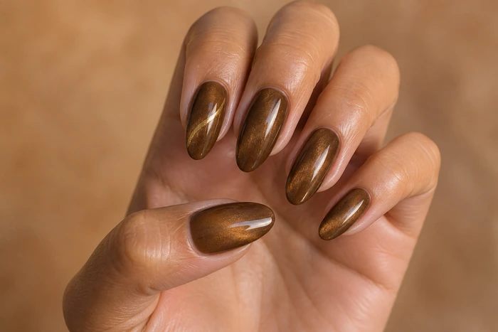 Caramel cat-eye gel nails with a gold microcurve accent