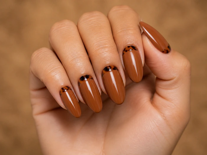 Caramel almond acrylic nails with a tortoiseshell crescent accent