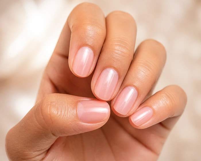 Blush pearl pretty fall nails in a hand-only close-up