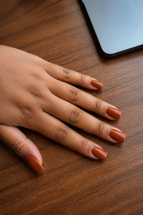 Burnt rust square acrylic nails on an office desk