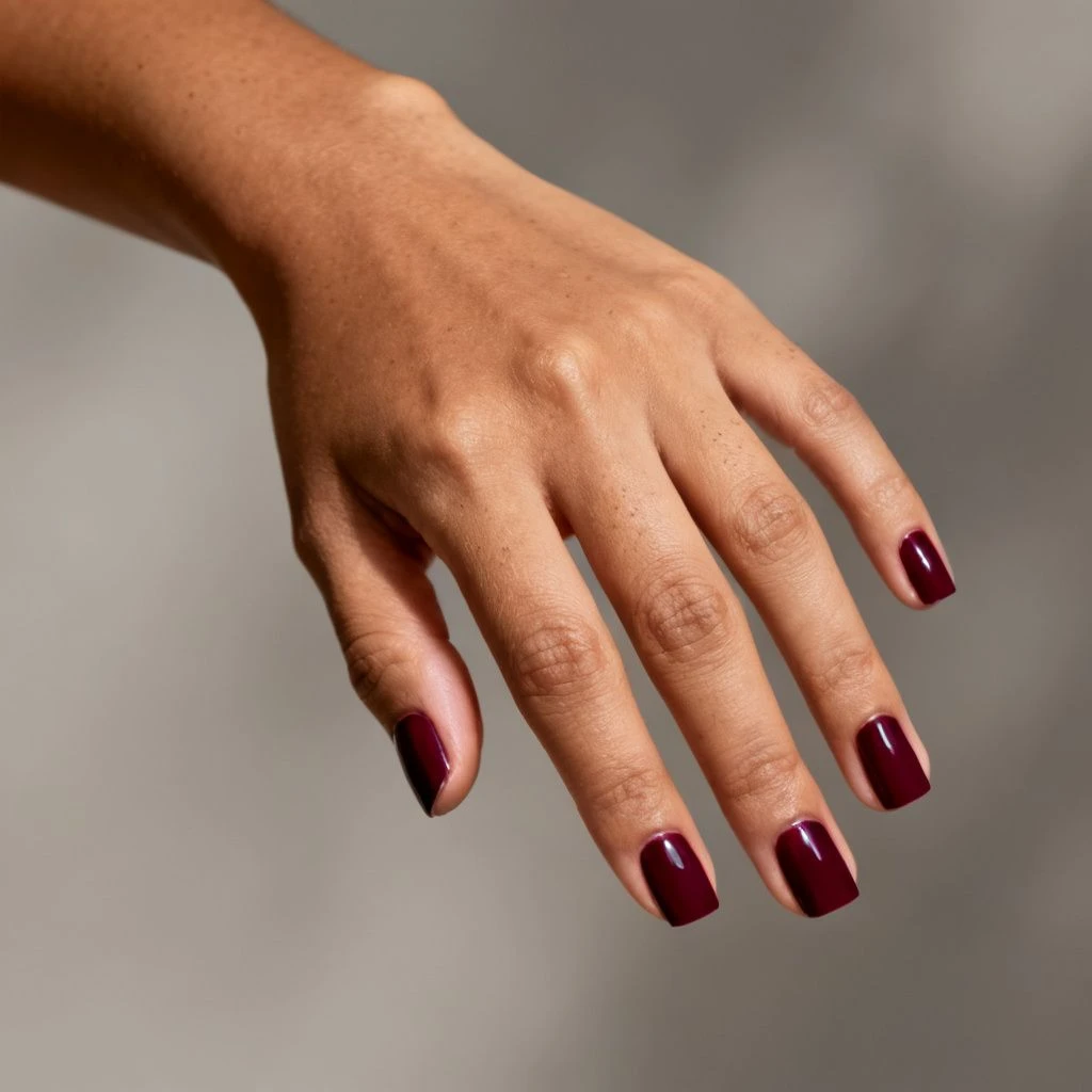 Short Square Burgundy short autumn nail design on a woman’s hand.