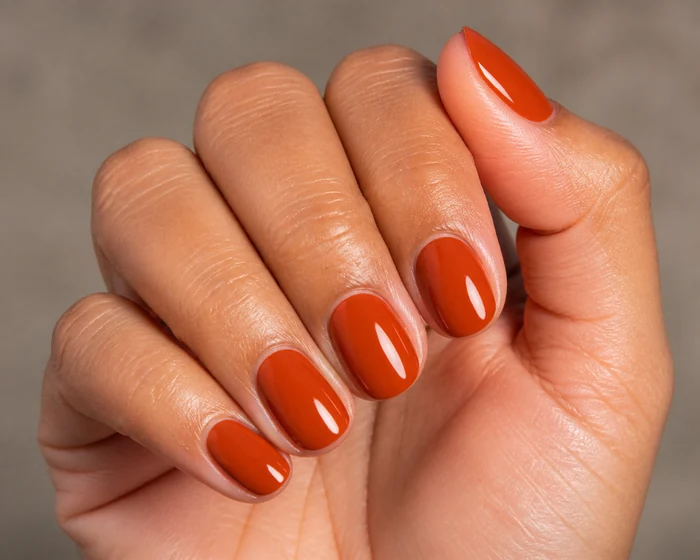 Glossy burnt-rust simple fall nails in a hand-only close-up