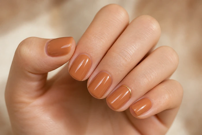 Glossy caramel squoval nails with a tiny gold curve accent