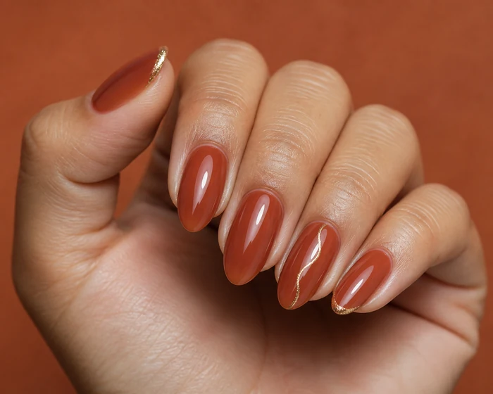 Terracotta nails with gold wave nail art