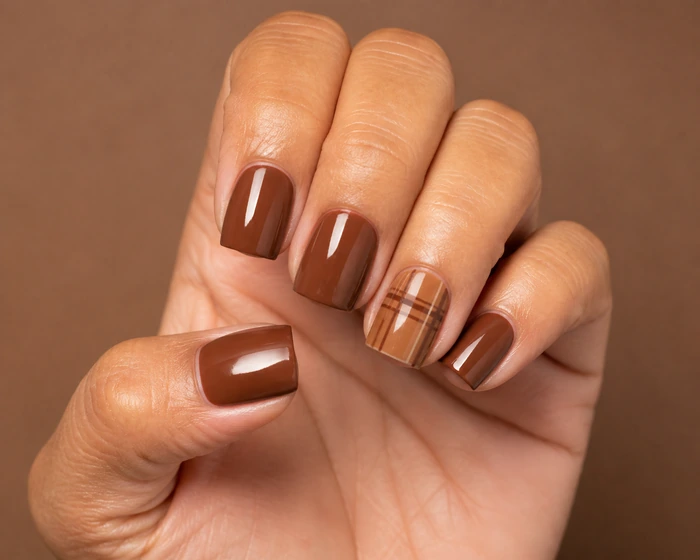 Warm brown sweater weather nails with plaid line accent