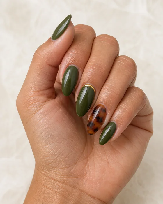 Olive almond Thanksgiving nails with tortoiseshell accent
