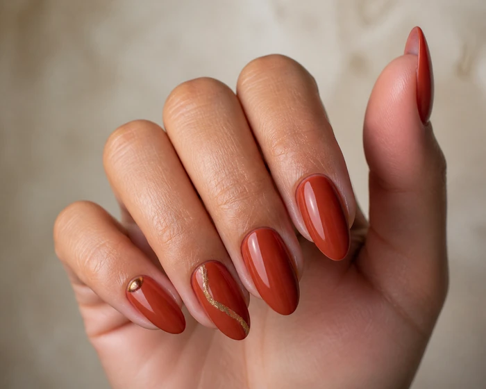 Terracotta Thanksgiving dip nails with gold leaf line