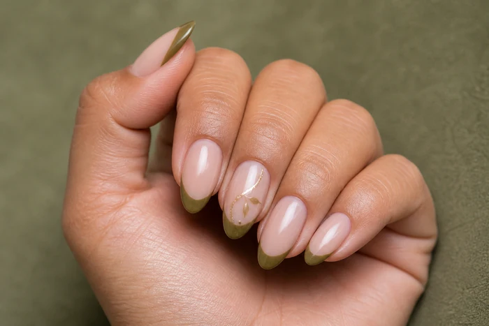 Olive French nails with a delicate gold vine detail